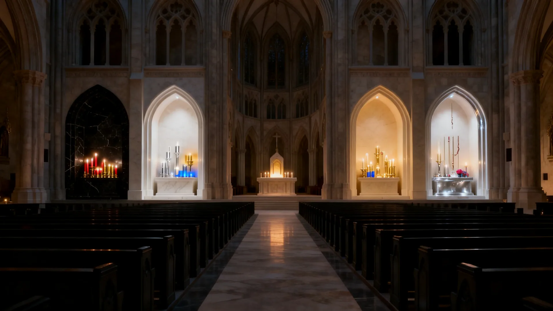 A candle chapel with four distinct alcoves for Void, Star, Love, and Scar around a central devotional aisle.