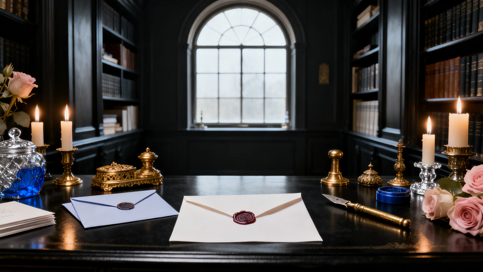 A correspondence chapel with blank envelopes, sealing wax, warm candles, and gold details.
