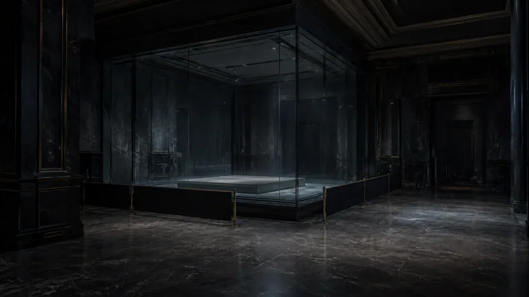 An empty after-hours museum room sits beyond a velvet boundary, with darkened white display lights reflected faintly in a clear glass enclosure.