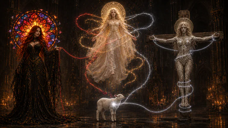 Scar forms airborne in returning red, silver, and low-gold light between Void and cross-bound Dead above the ordinary lamb.
