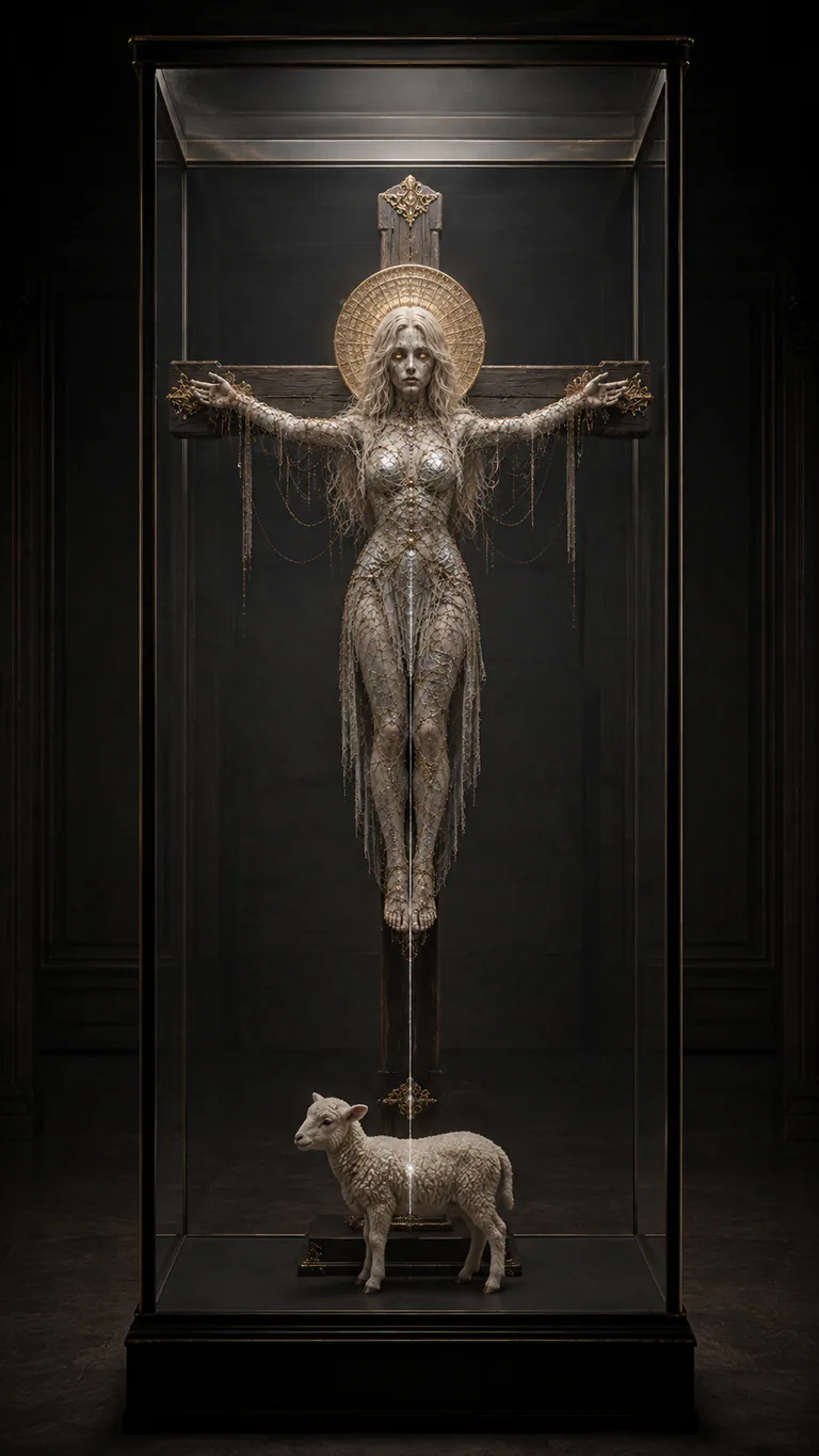 Dead's calm tarnished-gold eyes remain awake in the dark glass chamber above the ordinary lamb and visible silver fastening.