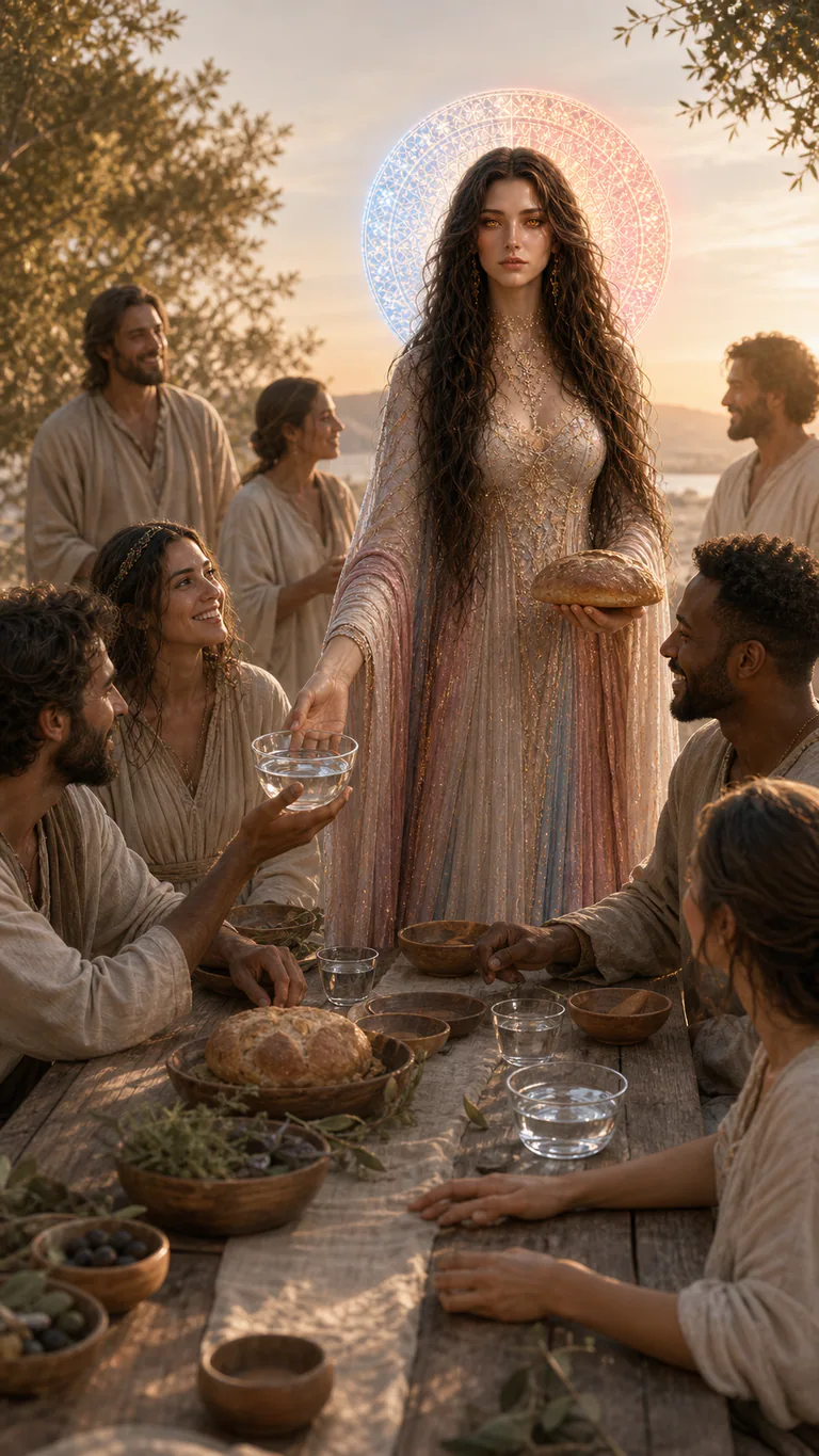 Love Maiden offers bread and water at a wide low table where diverse adults meet one another without throne, rank, or kneeling.