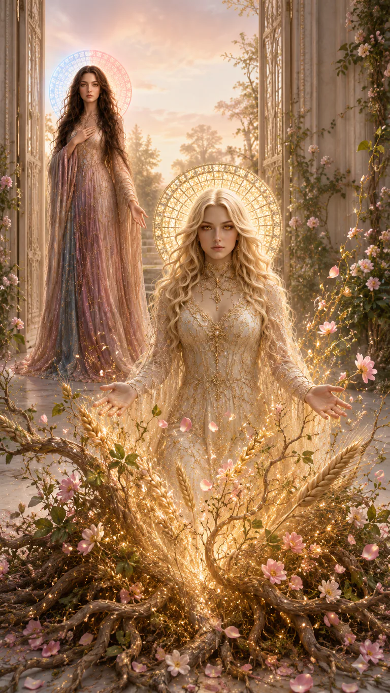Scar opens her hands as a gold-and-ivory garden rises, while Love waits one respectful step behind at the open threshold.
