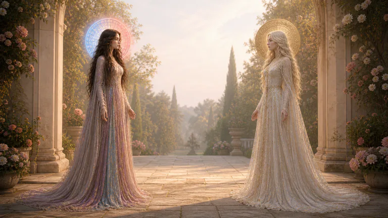 Love and Scar meet at equal height across an open garden interval, each retaining her own halo and form.