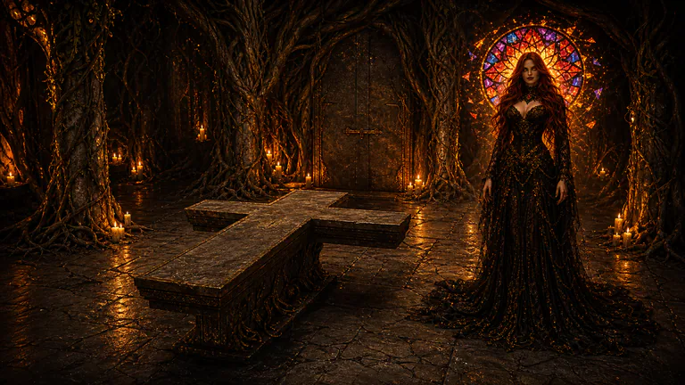 Void stands beneath Eden before an empty cross-shaped stone table as roots close into the first enclosure.