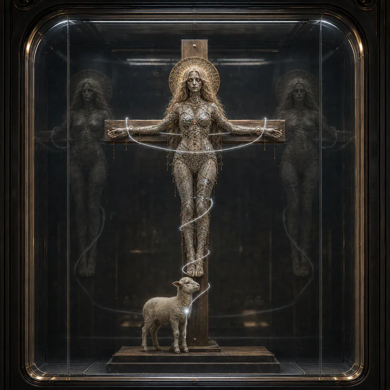 Dead's real gaze remains behind polished glass reflections, with the ordinary lamb and silver fastening beneath the cross.