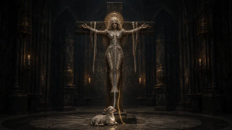 Low-gold mercy returns from cross-secured Dead toward the weakened ordinary lamb beside the silver fastening.