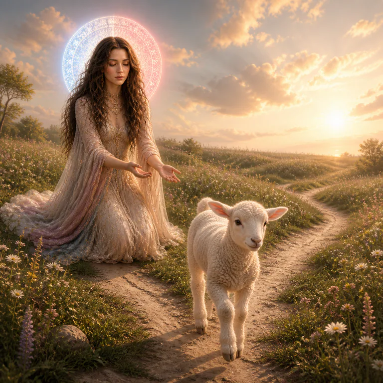 An ordinary lamb steps onto its own sunlit path while Love remains behind with empty open hands.