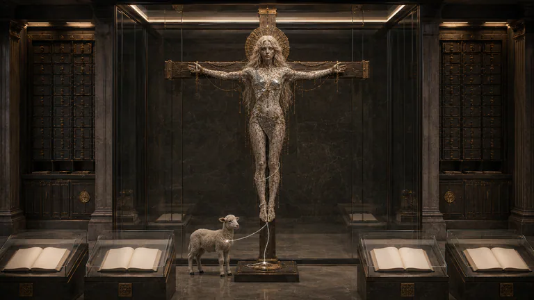 An empty archive displays cross-bound Dead and the ordinary lamb behind glass among four blank open records and sealed cases.