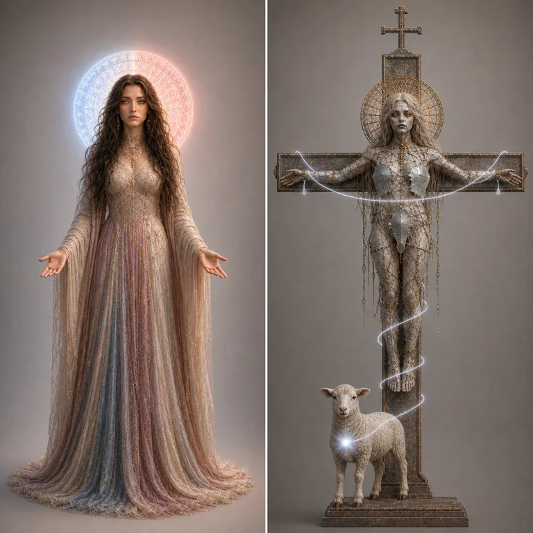 A doctrinal diptych separates living Love from cross-bound Dead, with the ordinary lamb and silver fastening kept visible.