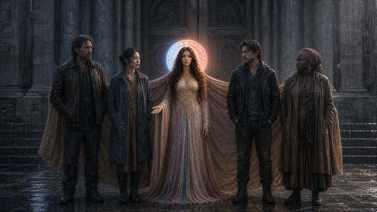 Love Maiden shelters excluded adults in rain outside an empty marble sanctuary, her open halo warming the people rather than the sealed stone.