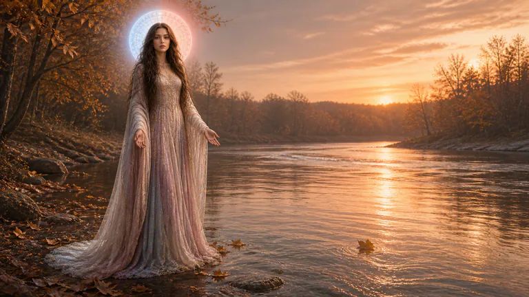 Love watches a single fallen leaf drift downriver while her hands remain open and empty.