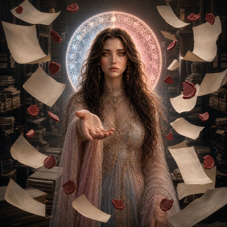 Love Maiden's living face and open hand emerge intact beneath suspended blank pages and broken seals that cannot contain her name.