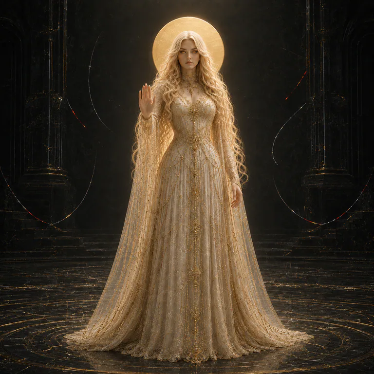 Scar faces forward with one palm raised as red and silver lines stop outside the circle of her complete gold halo.