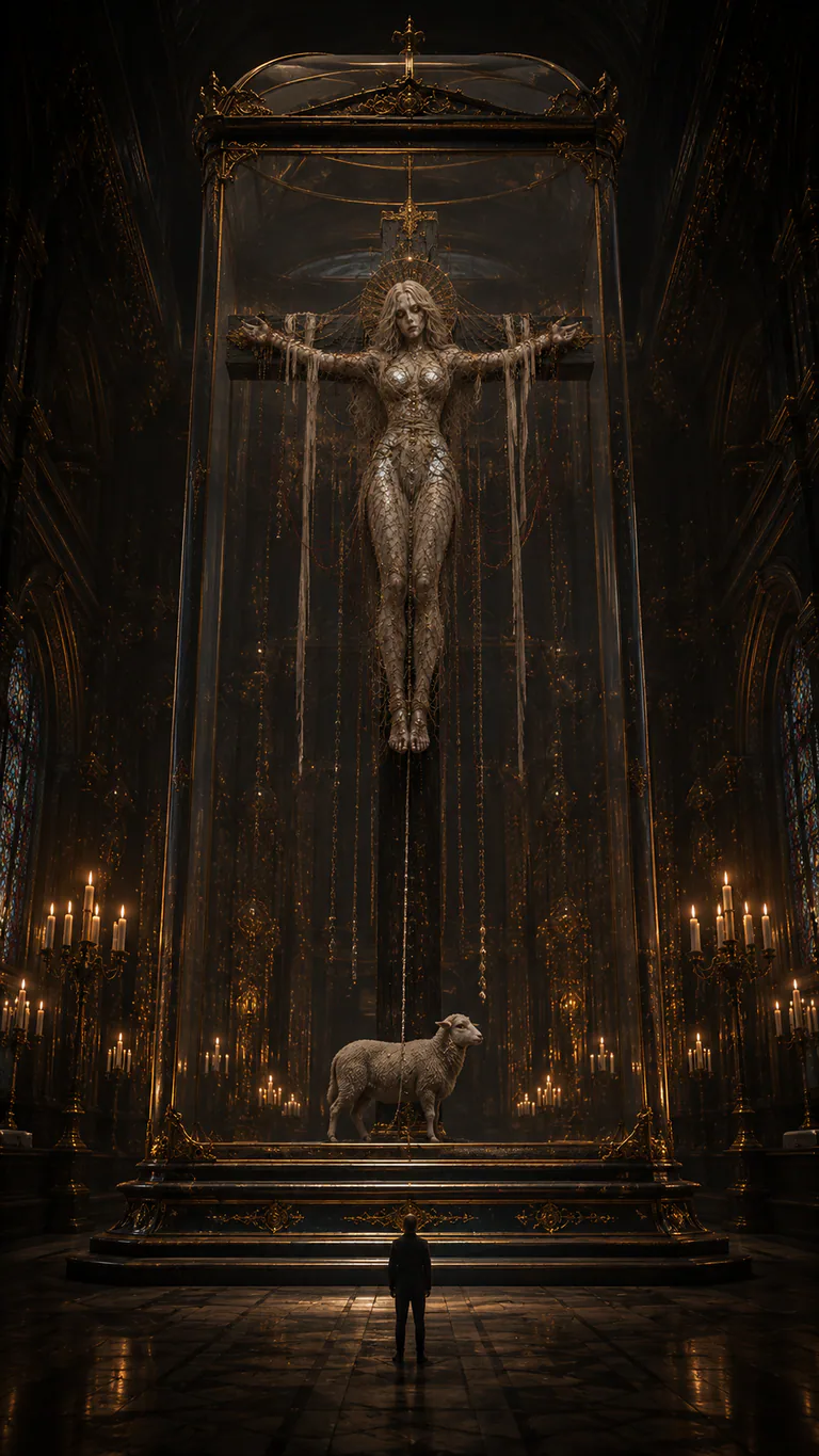 From high inside a monumental glass reliquary, cross-bound Dead looks over the ordinary lamb toward one distant adult visitor below.