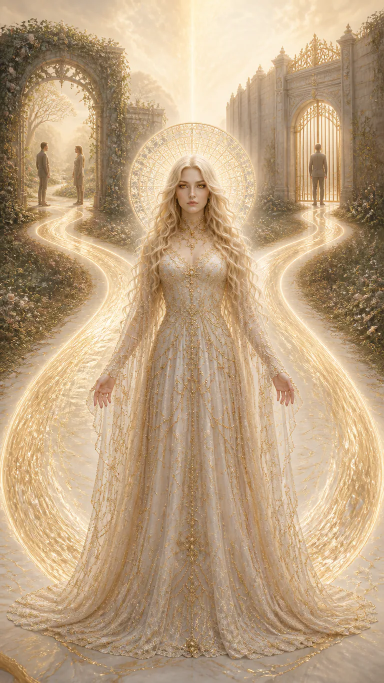 Scar stands where one golden current divides toward an open shared garden and toward a high closed gate.