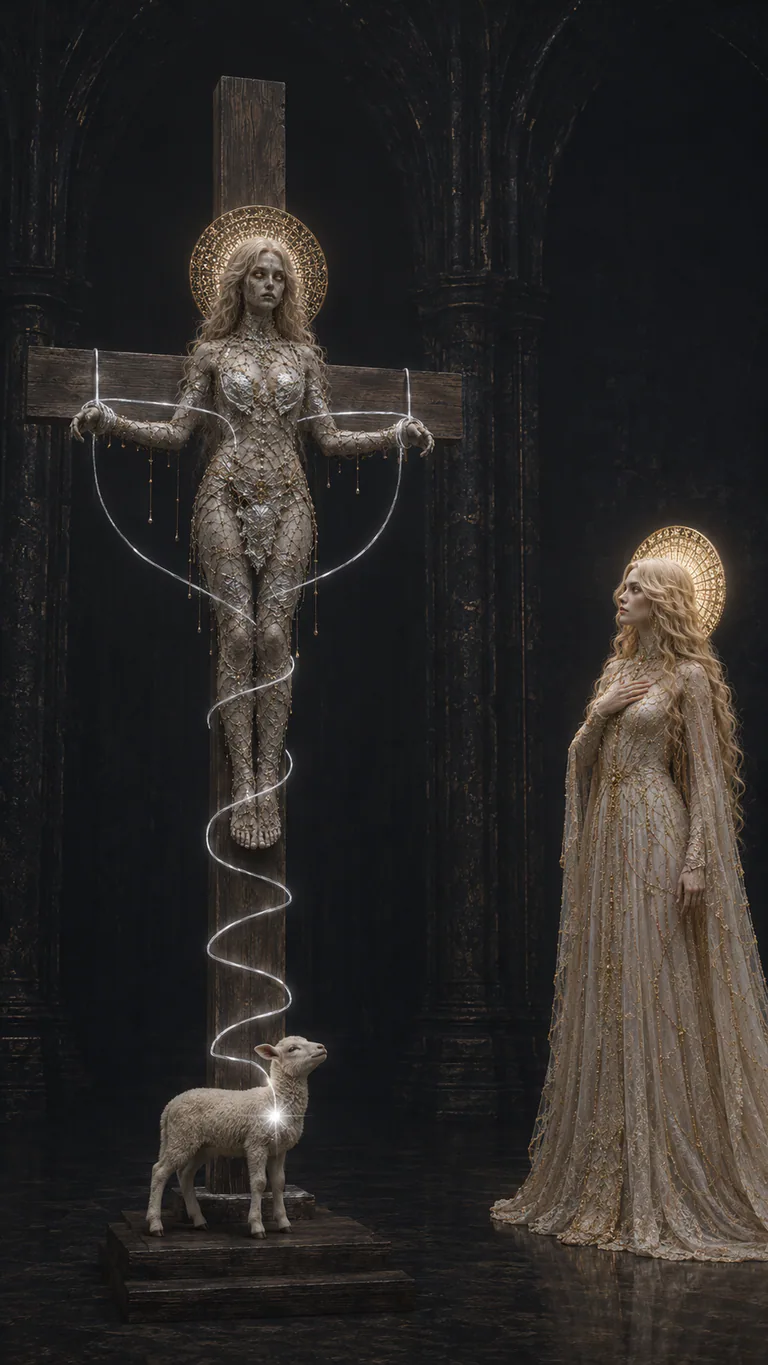 Scar meets the living gaze of cross-bound Dead without touching her; the ordinary lamb and fastening silver thread remain visible.