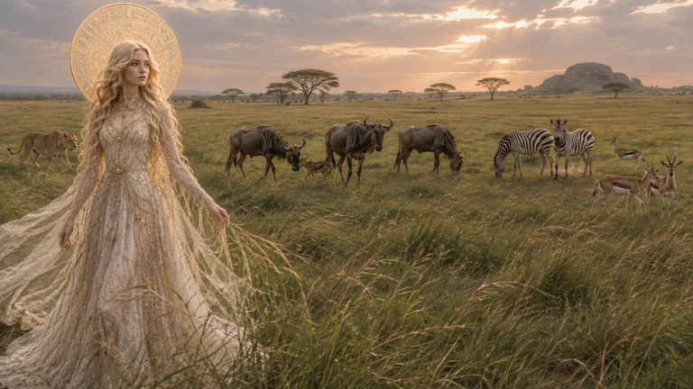 Scar witnesses a guarded wildebeest calf, zebras, grazing gazelles, and a distant lioness within one wet-season Serengeti grassland.