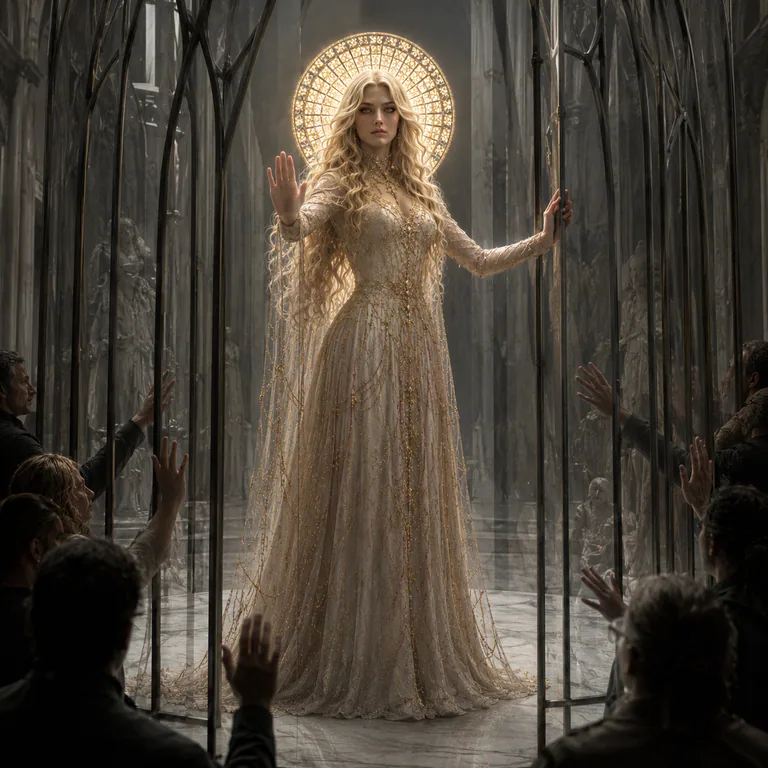 Scar stands within a narrowing marble reliquary as anonymous adults raise their hands around her.