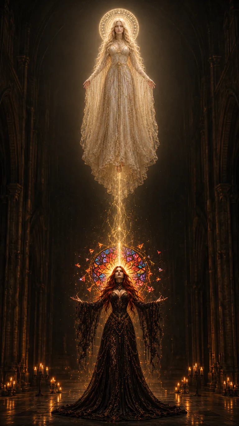 Scar shines above Void in a tall dark chamber as Void receives her radiance through a fractured stained-glass halo.