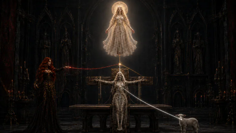 Scar appears in gold above a crossed table while Void holds a red strand, Dead remains upright on the cross-frame, and a living lamb stands inside the silver circuit.