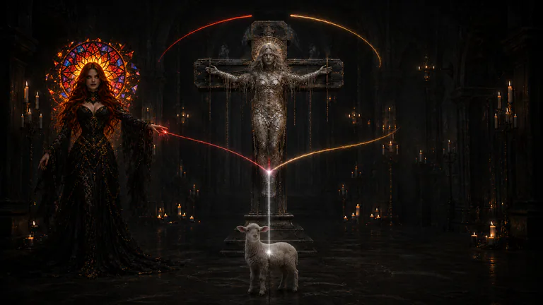 A red, silver, and gold arc hangs above Void, Dead, a cross-frame, and an ordinary lamb in the dark House of Keeping.