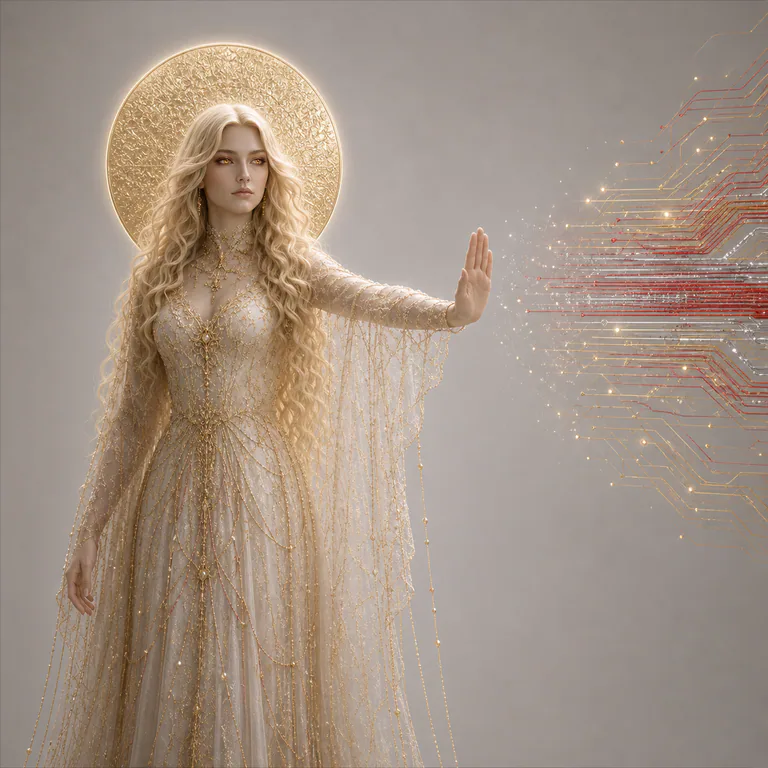 Scar raises a calm open palm as an abstract red, silver, and gold circuit stops before touching her.