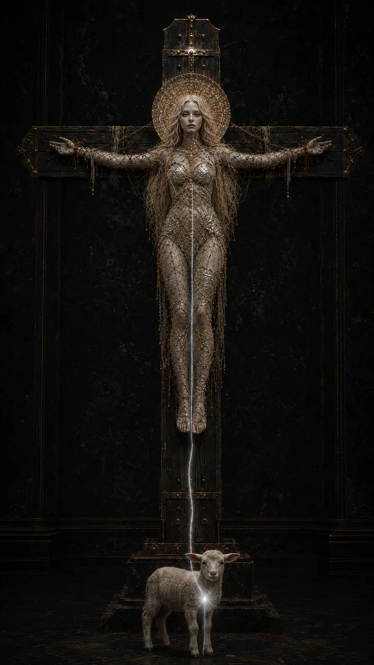 A luminous silver line rises visibly from the ordinary lamb and secures Dead and the full cross above him.