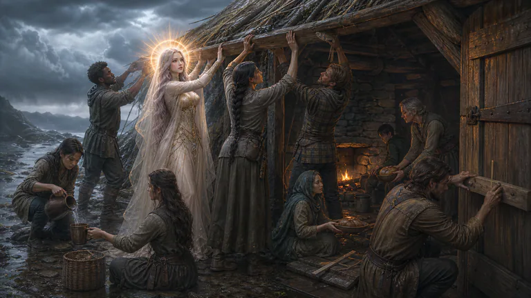 Star and a diverse adult community repair a storm-damaged shelter, share water and bread, and tend a contained hearth together.