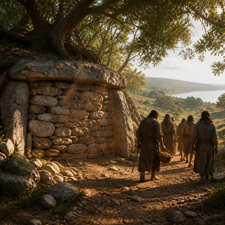 Adult mourners leave a closed stone cave for daylight as warm red-earth dust drifts from the remembered grave.