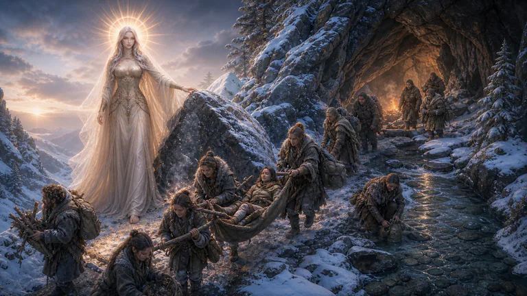 Star opens a sheltered ravine while a winter band freely carries its wounded young member toward water and safety.