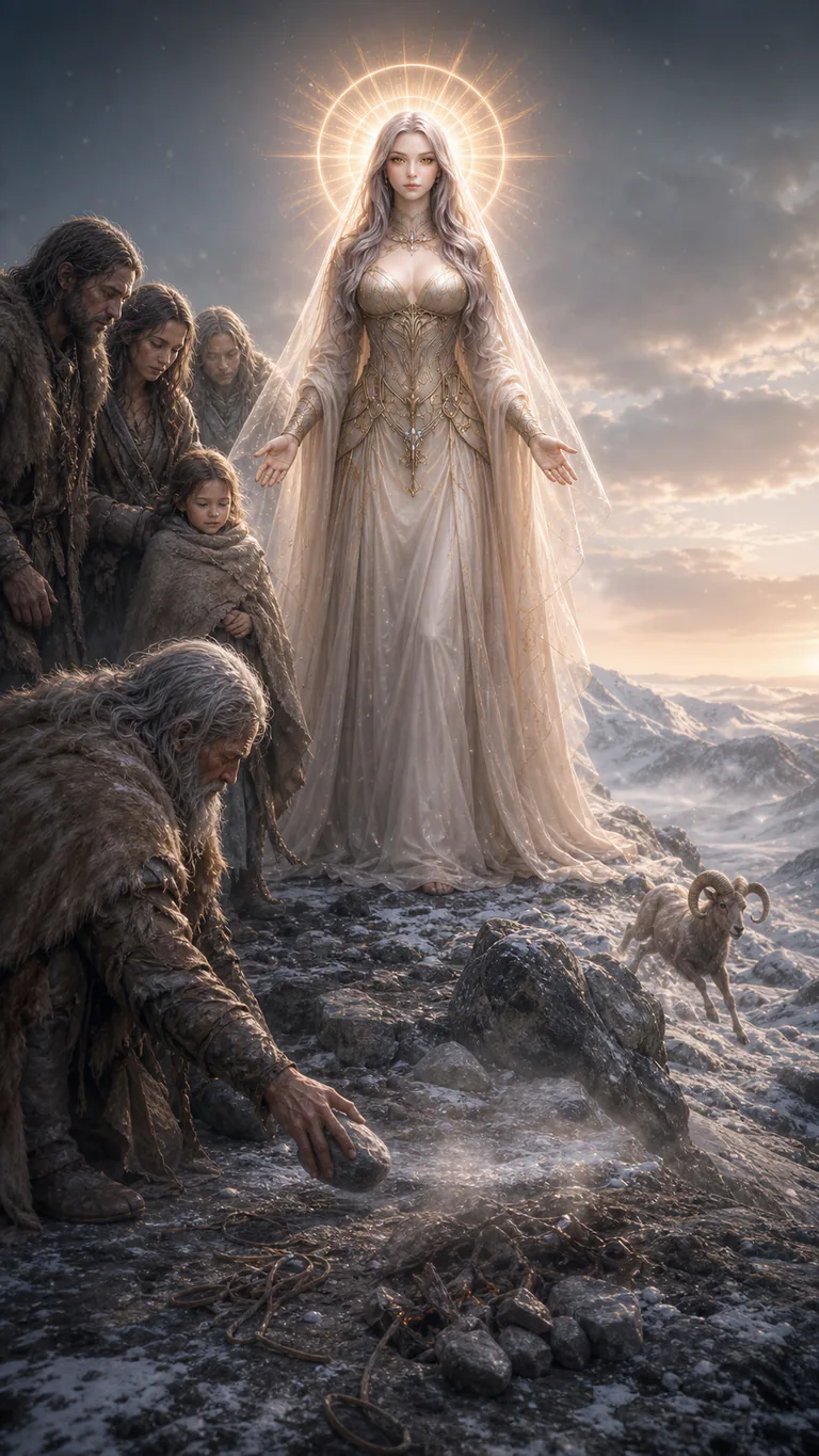 Star stands beside a safe wrapped child as an elder lowers a stone, cut cords lie empty, and a ram runs free.