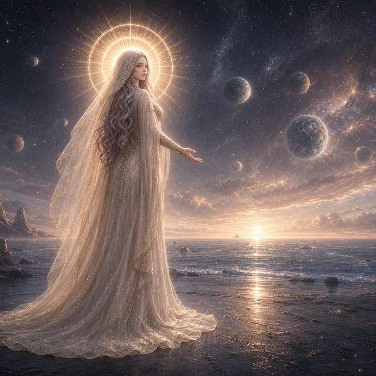 Crownless Star stands open-handed on a cosmic shore facing many distant living worlds.