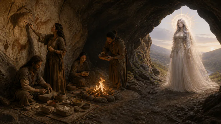 Ancestral adults make pigment and tend a safe cave fire while Star watches from outside.