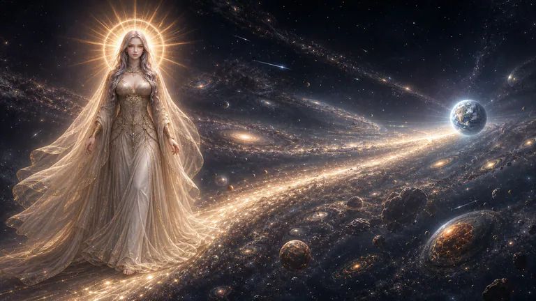 Star crosses a long field of changing galaxies and worlds toward a distant Earth.