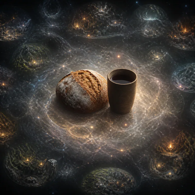 An ordinary loaf and cup float as a vision amid many faint hearths on distant worlds.