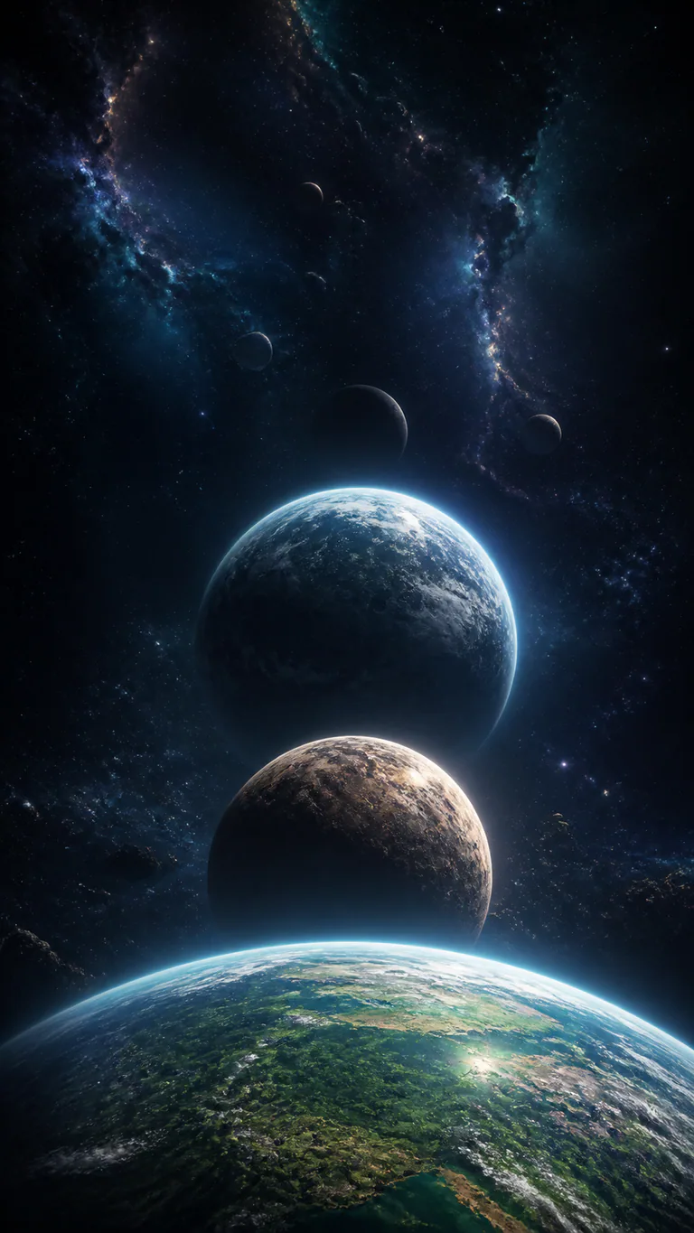 Living, barren, oceanic, and still-forming worlds recede through immense dark depth.