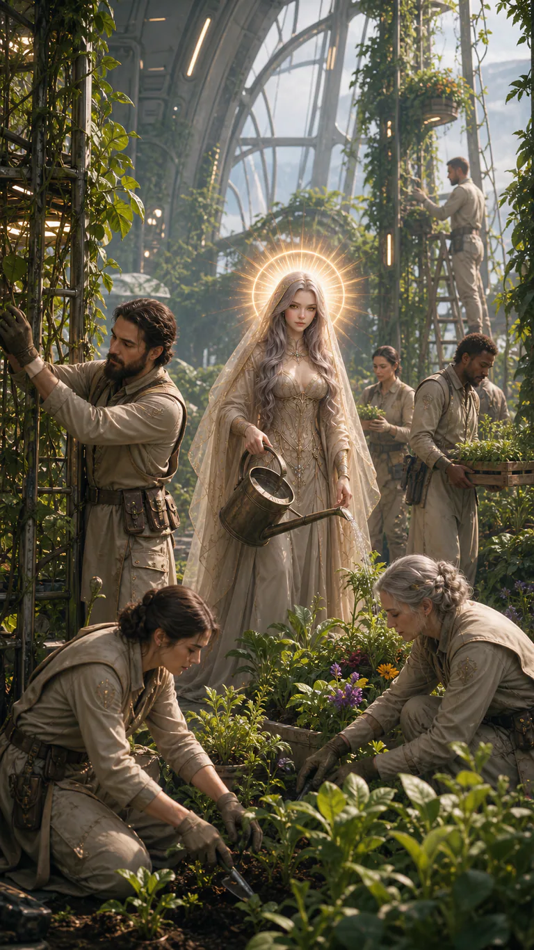 Star works beside adults tending plants and repairing trellises inside a tall vessel habitat.