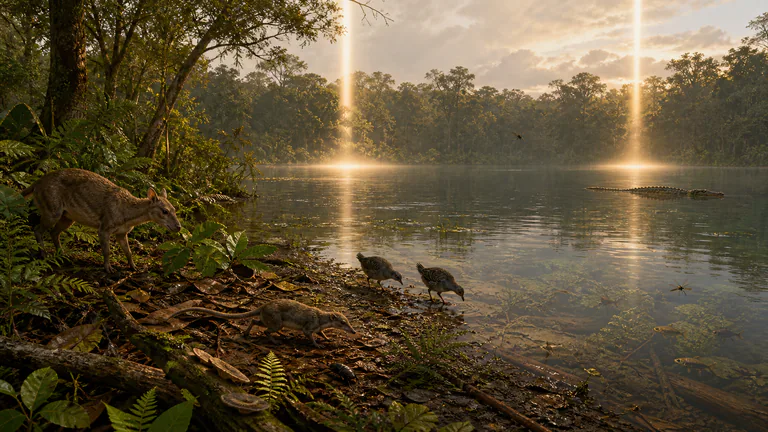 An Eocene Messel lake community moves freely around and beyond two nonmaterial shafts of light.