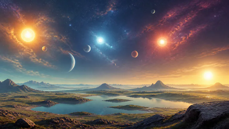 Braided suns and shared moons span one immense open cosmic horizon without a throne.