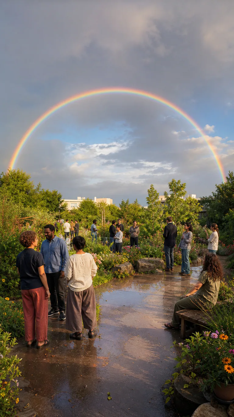 A full rainbow arches above varied adults sharing a public garden after rain.