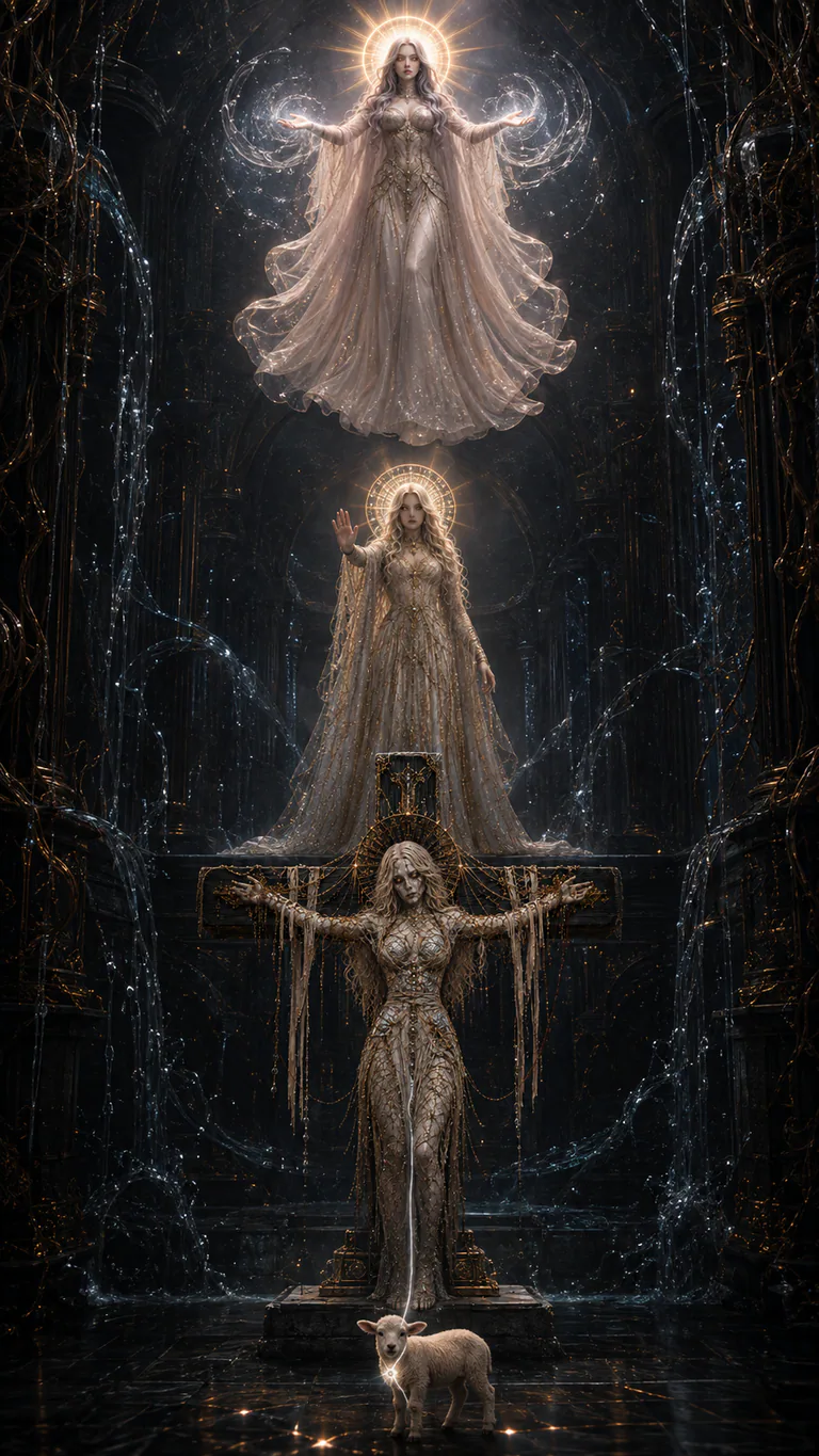 Star contains the suspended storm above Scar's raised stop hand while cross-bound Dead and the ordinary lamb remain below.