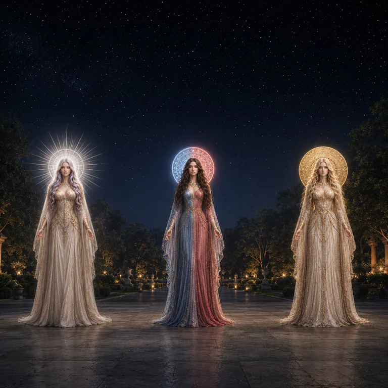 Star, living Love, and Scar stand equally apart on the same garden floor beneath separate silver-white, blue-and-rose, and solid pale-gold halos.