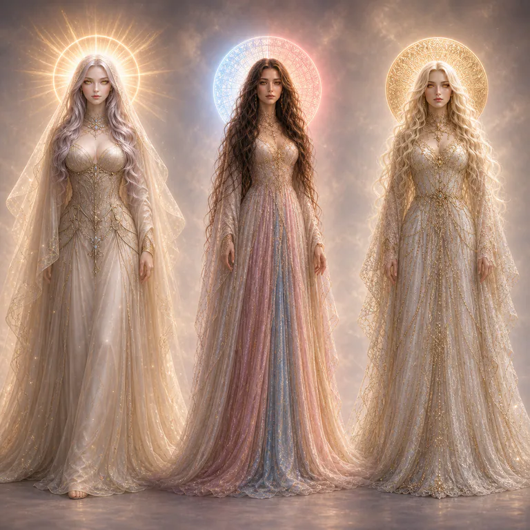 A doctrinal concordance places Star, Love, and Scar at equal height, each with her own distinct face, garment, and complete halo.