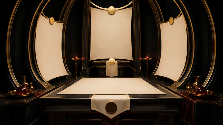 Blank ivory vellum and smooth unmarked gold seals form a luxurious altar inside narrowing black architecture.