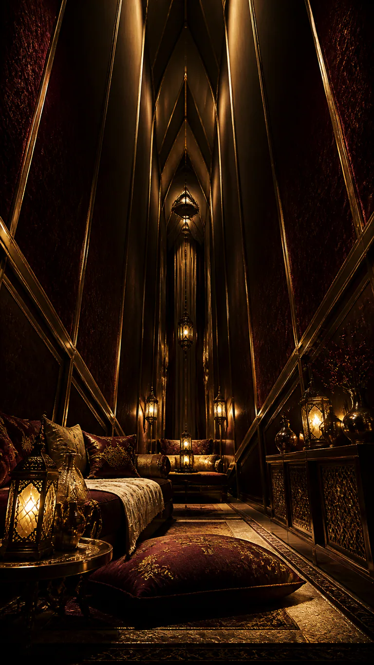 A velvet chamber with warm lamps narrows through golden seams into a nearly closed path.