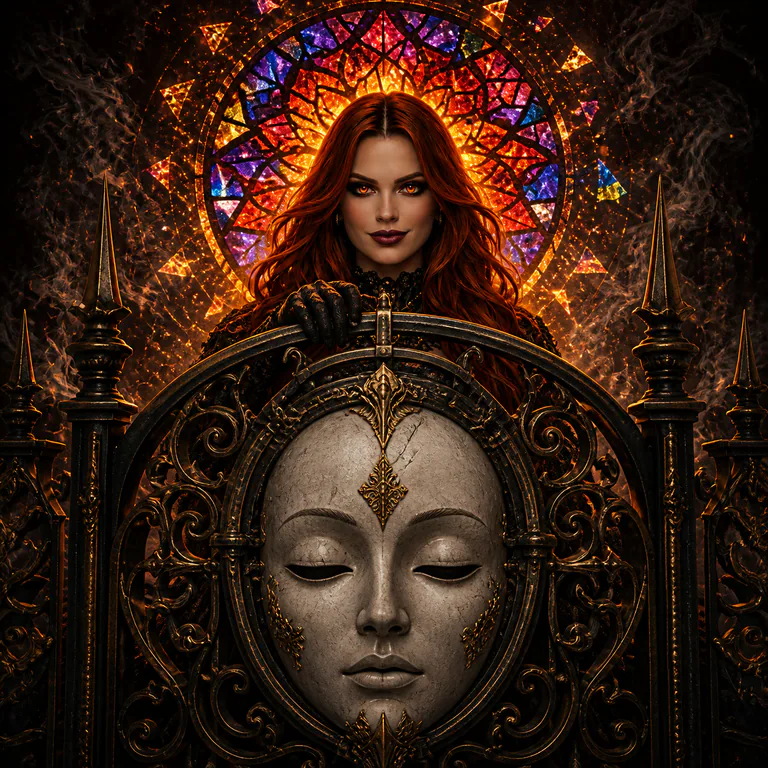 Void's gloved hand rests on a black-gold gate mechanism behind a pale saint-mask.