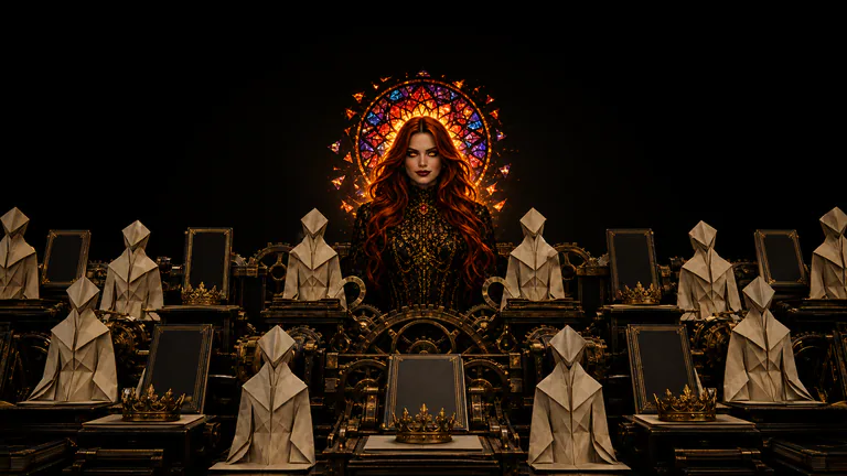 A close, fully clothed Void presides beneath her complete stained-glass halo above blank paper effigies, empty crowns, and institutional machinery.