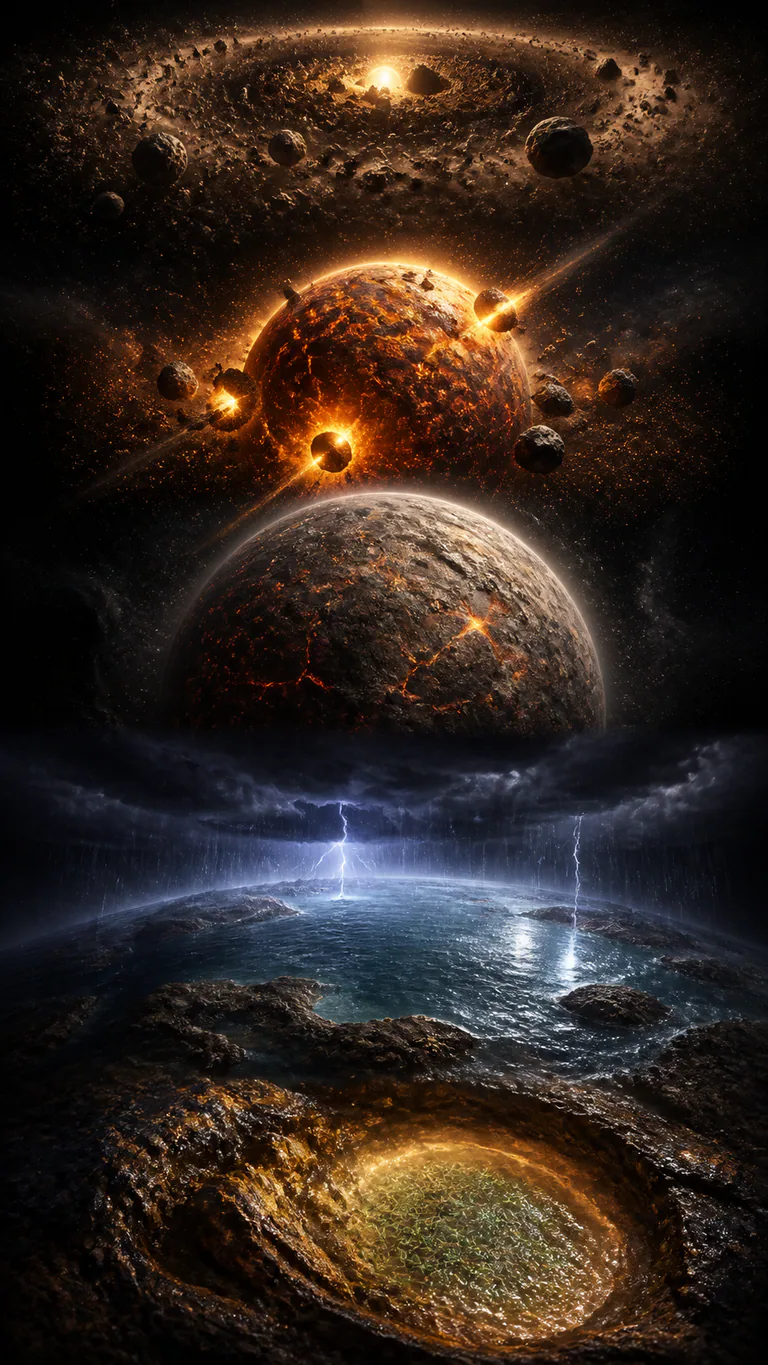 Dust gathers into a molten world above a cooling sea and the first tiny living pattern.
