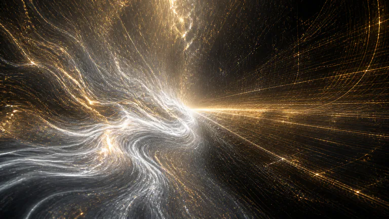 Silver-white living fire enters ordered black-and-gold depth as time and distance open.
